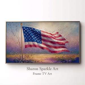 Frame TV Art 4th of July American flag painting, Independence Day Artwork for Samsung TV summer Americana landscape, Floral patriotic decor