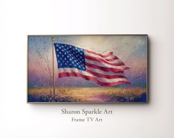 Può includere: Dipinto incorniciato della bandiera americana che sventola nel vento. La bandiera ha strisce rosse e bianche e un campo blu con stelle bianche. L'opera d'arte è ambientata su un paesaggio colorato con il testo "Sharon Sparkle Art Frame TV Art."