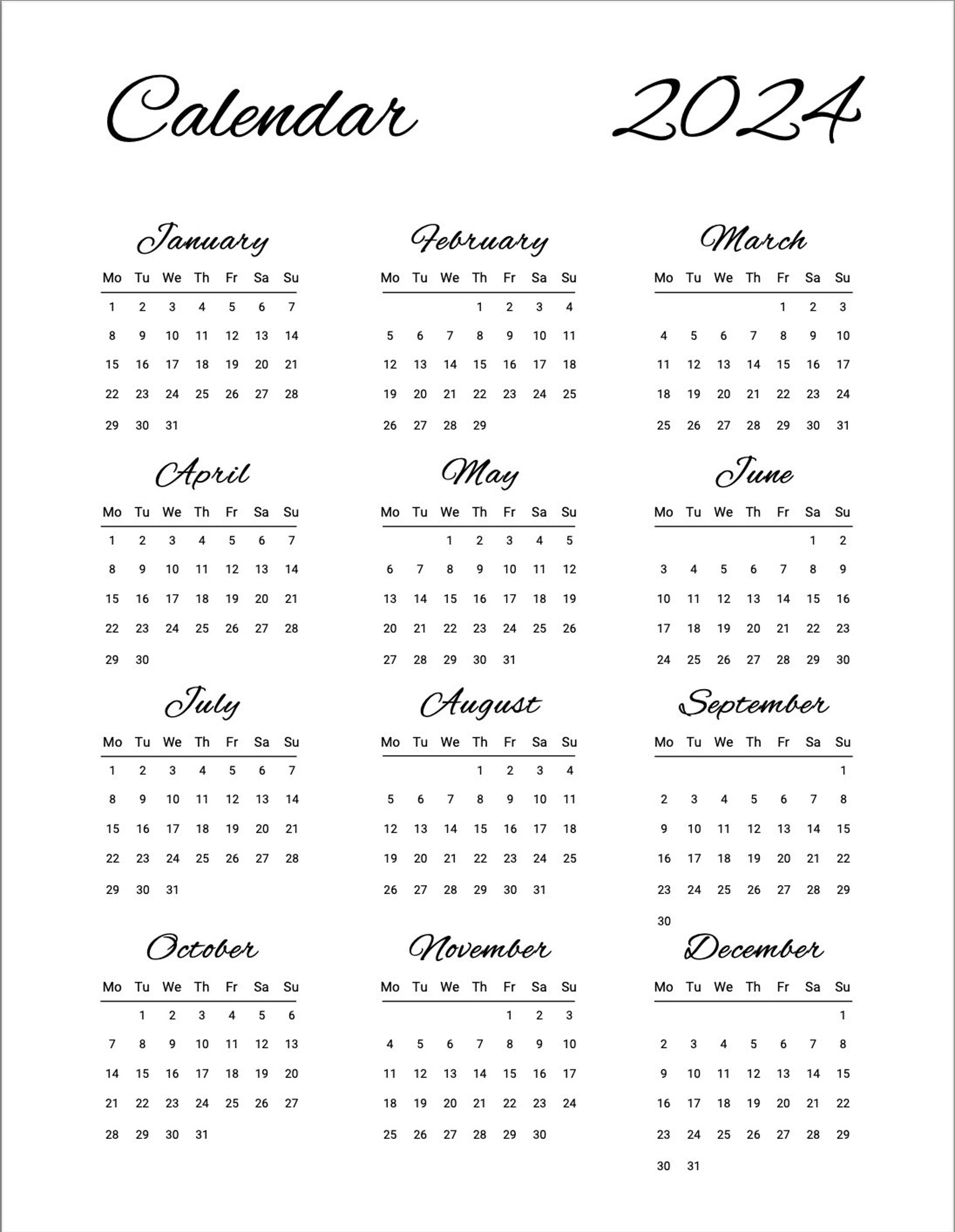 Black and White Minimalist 2024 Calendar Etsy