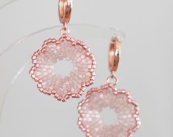 Dangle Flower Rose Gold Plated and Pink Satin Earrings "Fleur Pink"