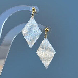 Rhombus cream satin white stud earrings, beaded statement rhombus earrings, Big rhombus stud white shiny earrings, Geometric earrings