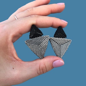 Triangle dark silver and black earrings, beaded statement triangle earrings, Big triangle stud earrings, Geometric earrings