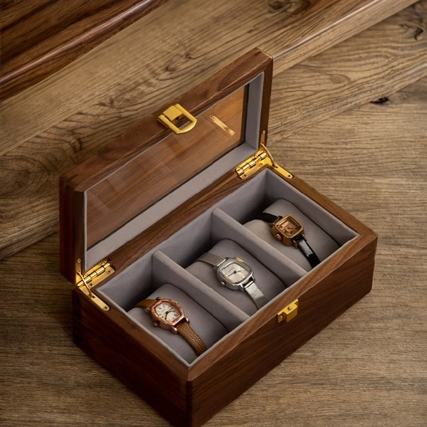 Walnut Wooden Watch Box, Custom Walnut Wood Watch Holder, Watch Storage Organizer, 1 3 5 Slots Watch Box with Glass Lid
