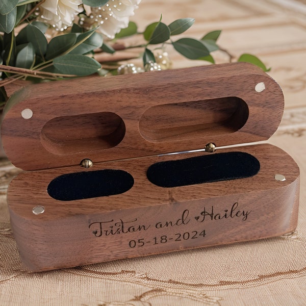 Custom Two Slot Ring Box, Personalized Wedding Ring Box, Couple Ring Box, Engraved Walnut Ring Box, Proposal Bride Wedding Ring Box