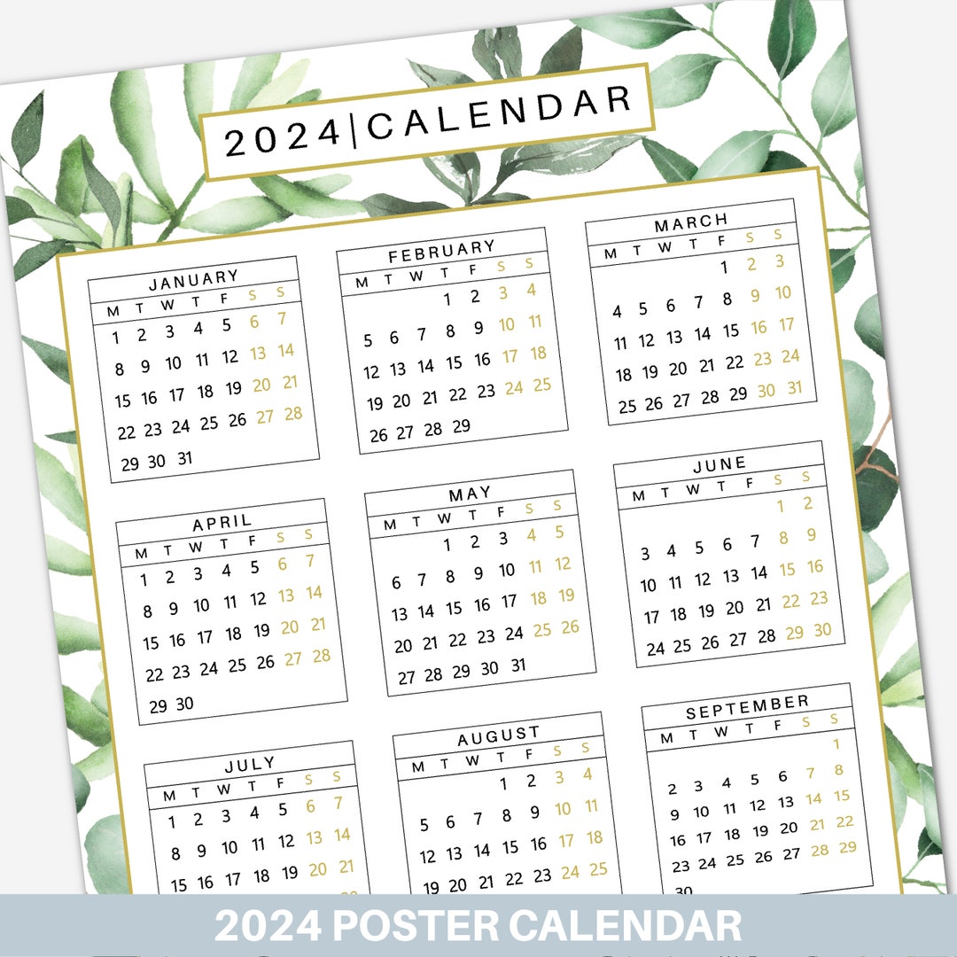 2024 Calendar Greenery, Green Leaf Calendar, Large Poster Calendar ...