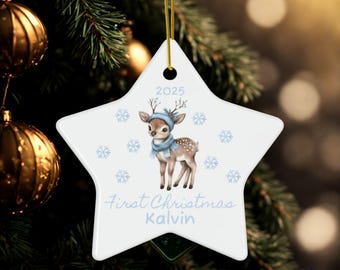 Baby Boy First Christmas Woodland Deer Ornament, Personalized Ceramic Star Round Snowflake, Custom Name Year Keepsake, 3 Shapes
