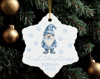 Charming Blue Gnome Personalized Ornament, Baby&#39;s First Christmas Ceramic Keepsake Gift, Winter Holiday Decor, Star Circle Snowflake Shapes