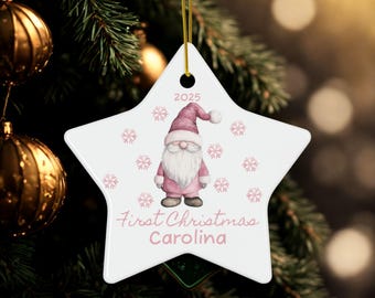 Personalized First Christmas Pink Santa Gnome Ornament, Endearing Ceramic Keepsake Gift for Baby, Holiday Decor Circle Star Snowflake Shapes