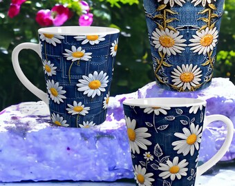 Denim Chic Meets Coffee Comfort: The Daisy & Denim Mugs - Start Your Day Bright! Large 12 oz Daisies + Denim Latte Mug - Adorable Gift Idea!