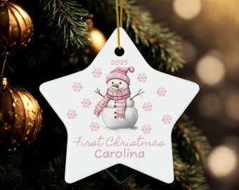 Baby Girl First Christmas Ornament Snowman, Personalized Ceramic Star Round Snowflake, Custom Name Year Keepsake, 3 Shapes - Great Gift Idea