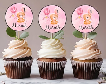Editable - Matching Pink Hot Air Balloon Theme Cupcake Toppers | Baby Girl | Digital Download | Personalizable Instant Download Printable