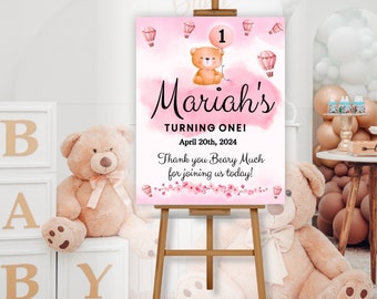 Custom Birthday Party Welcome Sign - Personalized Decor | Pink Hot Air Balloon & Birthday Bear Theme |  Check out the Collection!