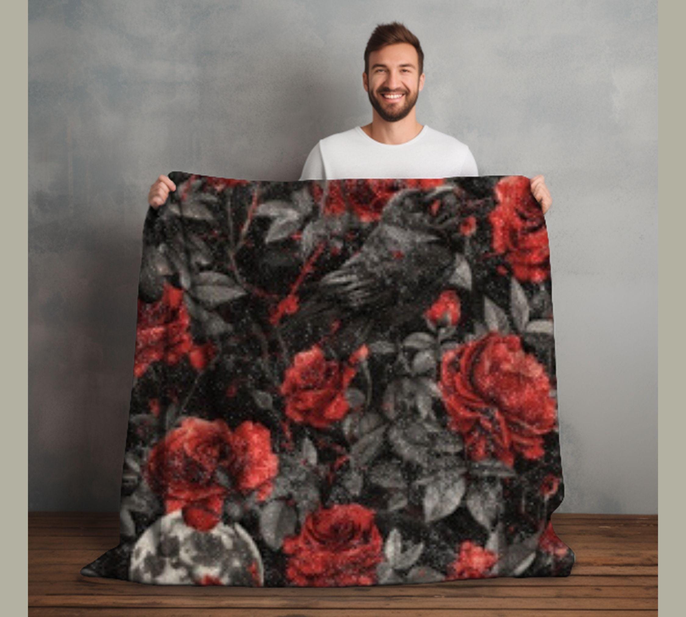 Gothic Roses & Thorns Plush Crushed Velvet Throw Blanket, One of a Kind Halloween Vibes