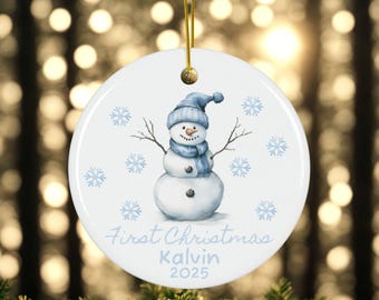 Baby Boy First Christmas Ceramic Ornament Snowman, Personalized Ceramic Star, Round, & Snowflake, Custom Name + Year Keepsake, New Baby Boy