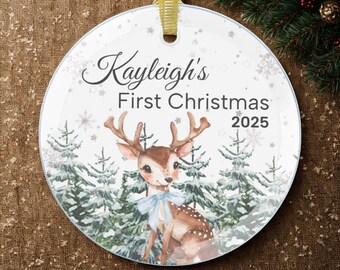 Personalized Baby&#39;s First Christmas Glass Ornament 2025, Cute Woodland Deer Keepsake, Custom Baby Name - Personalizable Glass Ornament