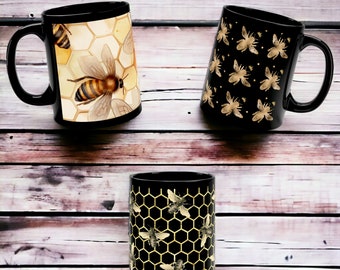 Queen Bee of Mugs! Black Ceramic with Stunning Bee Designs | Perfect for Bee Lovers | Start your Morning Off With a Buzz - Great for Gifting