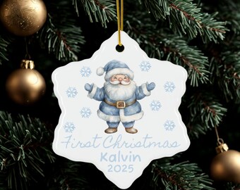 Adorable Personalized Baby&#39;s First Christmas Blue Santa Ornament, Festive Ceramic Keepsake, Custom Gift in 3 Shapes - Round, Star, Snowflake