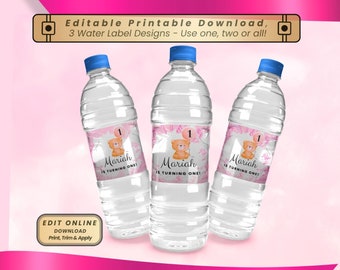 Personalized Birthday Party Decorations - Make a Splash with Whimsical Water Bottle Labels! Pink Hot Air Balloon Birthday Bear Water Labels