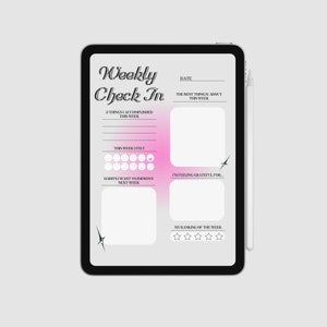 May include: A weekly check-in planner on a tablet screen with a pink and white gradient background. The planner includes sections for accomplishments, feelings, gratitude, and a rating of the week.