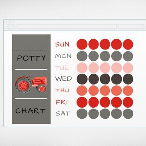 May include: Potty training chart with a red toy tractor. The chart has days of the week labeled and circles to color in for each day. The circles are red, orange, pink, gray, and black.