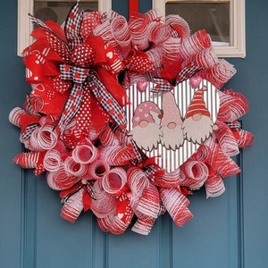 Valentine Gnome Wreath | Farmhouse Valentine Decor | Red White Heart Gnomes Wreath
