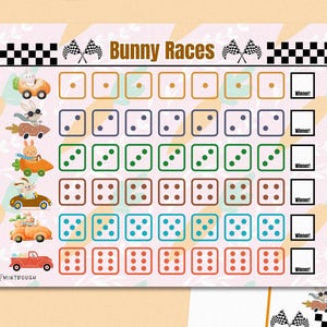 May include: A printable chart with a bunny race theme. The chart has five rows of squares with bunny-themed cars. Each square has a number of dots to represent a roll of the dice. The chart is designed for a game or activity.