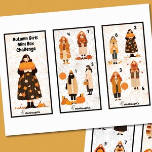 Può includere: Download digitale di "Autumn Girls Mini Box Challenge" con illustrazioni di figure in abiti autunnali. L'immagine include il testo "Digital Download" e "PDF" su sfondo giallo.