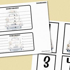 Può includere: Gioco di randomizzazione per matrimoni stampabile con due carte che mostrano un'auto bianca decorata con fiori e la parola "Sposato". Le carte sono numerate da 1 a 4. Il gioco include anche due carte vuote con righe per scrivere i nomi.