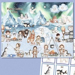 Puede incluir: Un juego de conteo imprimible con temática ártica para niños. El juego presenta una ilustración colorida de un paisaje nevado con osos polares, pingüinos y otros animales árticos. El juego incluye una hoja con 20 círculos numerados y una hoja separada con 10 imágenes de animales árticos. El juego se titula "Polar Cuties" y cuesta 226 €.