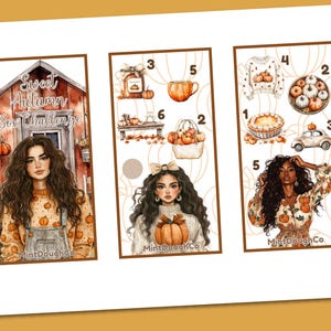 Può includere: Un download digitale con tre pannelli illustrati a tema autunnale. Ogni pannello mostra una donna e vari elementi autunnali come zucche, torte e un maglione accogliente. Le parole "Digital Download" e "PDF" sono visibili.