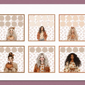 May include: Digital download PDF featuring six illustrated panels with women in fall attire. Each panel has a neutral background with leaves and a space for notes. The top of the image has a gold banner that says "Digital Download" and "PDF".