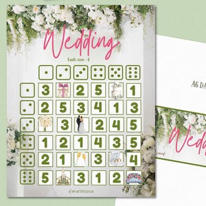 Può includere: Una scheda di bingo di matrimonio stampabile con un design floreale. La scheda ha una griglia di 25 quadrati con numeri e icone a tema matrimonio. Il testo "Wedding" è in cima alla scheda.
