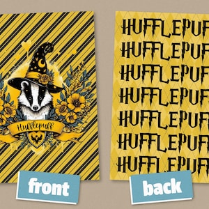 May include: A5 Dashboard A. The front of the yellow and black notebook features a badger wearing a witch hat, surrounded by flowers, with the text "Hufflepuff". The back has the word "Hufflepuff" repeated. The word "front" and "back" are also visible.