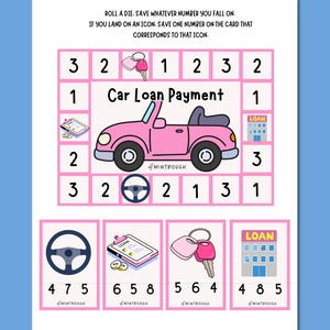 Peut inclure: Un téléchargement numérique PDF avec un jeu de paiement de prêt automobile. Le jeu comprend une décapotable rose, des numéros de dés et des icônes comme des clés et un volant. Le texte comprend "Téléchargement numérique" et "Paiement de prêt automobile".
