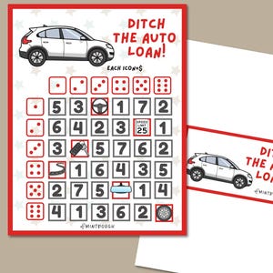 Puede incluir: Una descarga digital en PDF con un borde rojo presenta un tablero de juego titulado "Ditch the Auto Loan!" con ilustraciones de coches y dados. El texto "Digital Download" y "PDF" están en la parte superior. Una versión más pequeña del juego está sobre fondo blanco.