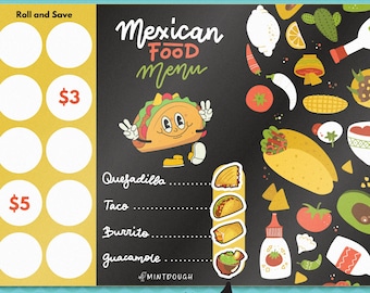 Mexican Food Menu Scratch + Roll & Save Challenge-Savings Tracker, Fund, Budget Tracker, Cash Envelopes, Cash Stuffing, Scratcher Savings