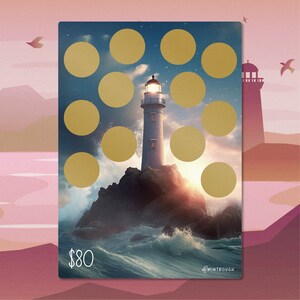 May include: A lighthouse on a rocky island with waves crashing around it. The lighthouse is white with a black roof and a black lantern. There are 10 gold circles around the lighthouse, with the text "$80" in the bottom left corner.