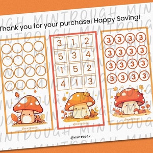May include: Printable digital download of three autumn-themed mushroom reward charts. The first chart has 20 circles to color in, the second chart has a 4x3 grid with numbers 1-5, and the third chart has 16 circles to color in. The charts feature cute mushroom illustrations with fall leaves.