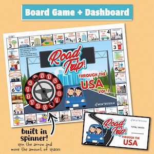 May include: A board game titled "Road Trip! Through the USA Vol. 1" with a built-in spinner. The game board features a map of the USA with various landmarks and a blue car graphic. The game includes a dashboard.