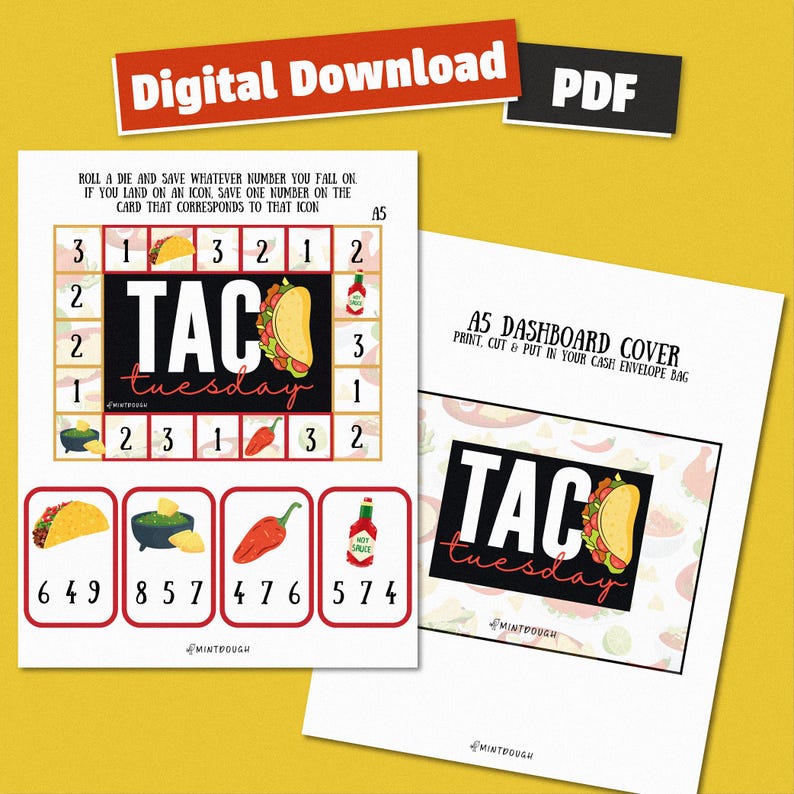 May include: A printable Taco Tuesday game board with a grid of numbers and icons. The icons include a taco, salsa, a chili pepper, and hot sauce. The game board is designed to be used with a die and includes instructions to roll the die and save the number you land on. The game board also includes a separate cover sheet with the text "Taco Tuesday" and a taco graphic.