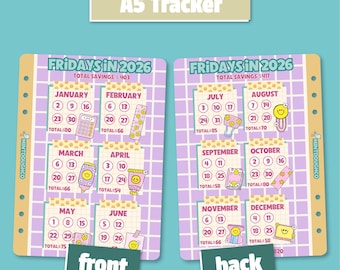 May include: A5 tracker with a front and back view. The front side features a calendar for the first six months of 2026, and the back side shows the remaining months. Each month has a grid with Fridays highlighted and savings totals.