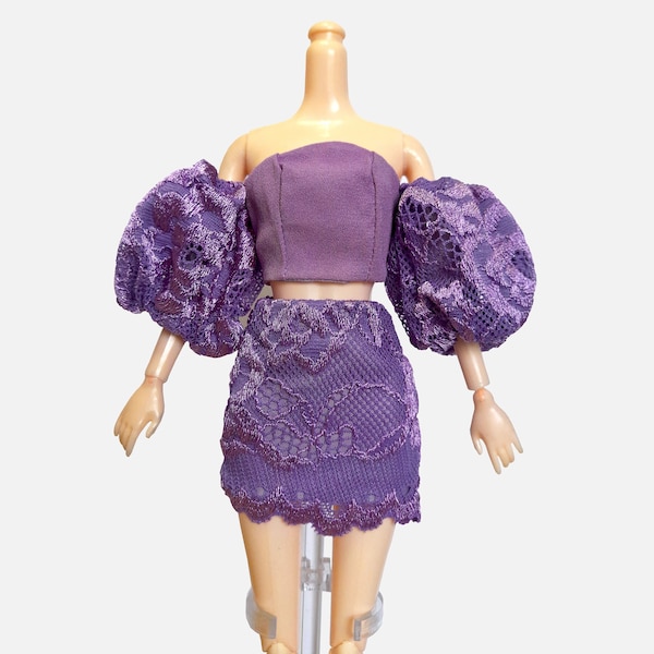 Purple lace doll cloth outfit set, large puff sleeve and matching skirt, for 11.5 inches 29 cm regular sized doll