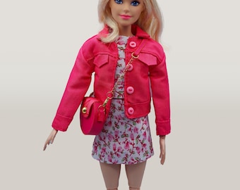 Pink jacket and floral top and skirt, doll cloth outfit set for 11.5" or 29 cm regular sized dolls