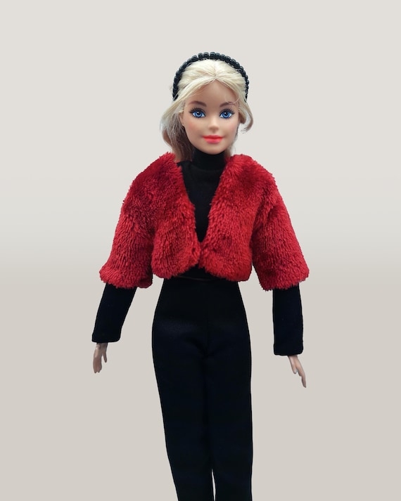 Red short sleeve faux fur jacket and black pants doll cloth outfit set for 11.5 inches 29 cm regular sized doll