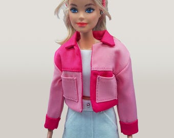 Cute pink jacket and white denim skirt doll cloth outfit set for 11.5" or 29 cm regular sized doll