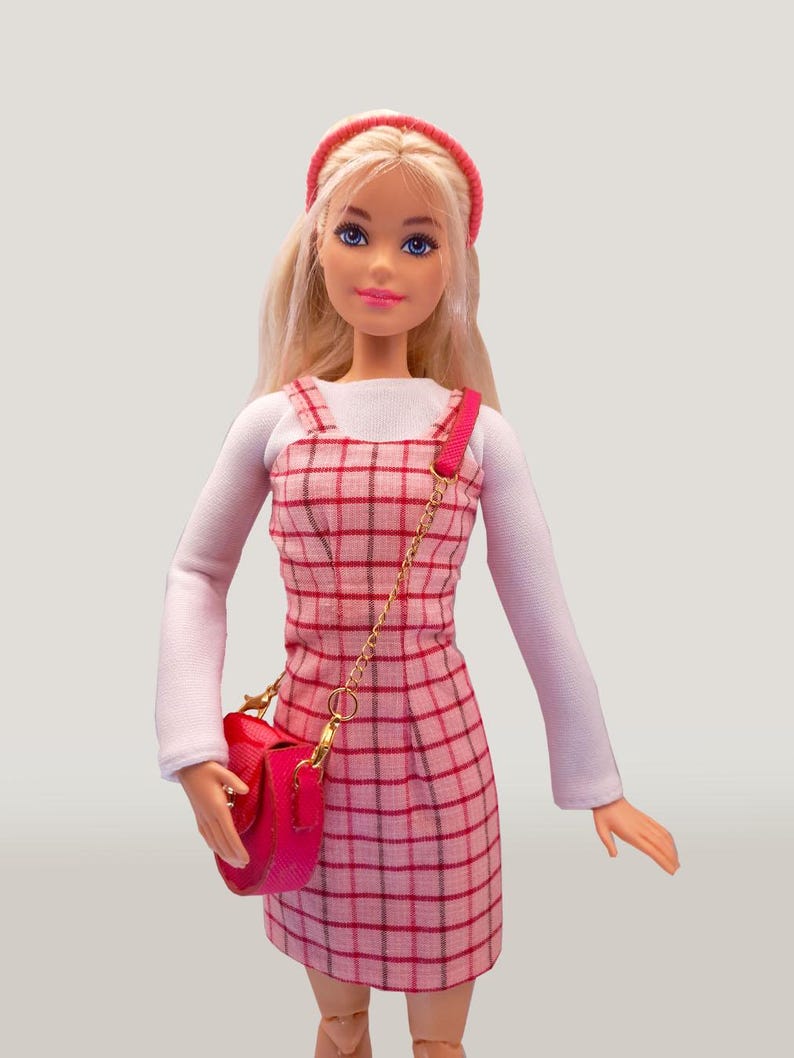 pink plaid dress 12 inch doll cloth outfit set