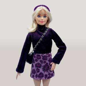 Jupe léopard violette et haut à col roulé en velours, ensemble de tenue en tissu pour poupée de taille normale de 29 cm (11,5 po.)