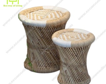 Bamboo Footrest Ottoman with Indian Rattan  Cane Bar Handmade Garden Stool Side Coffee Table One Versatile Stools for Stylish Living