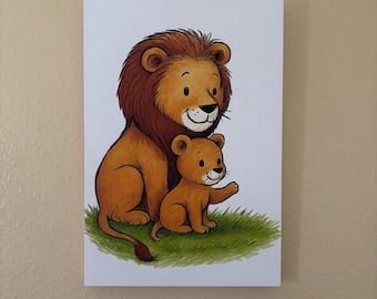 Whimsical Lion and Cub Canvas Art: Nursery Decor, Playroom Decoration