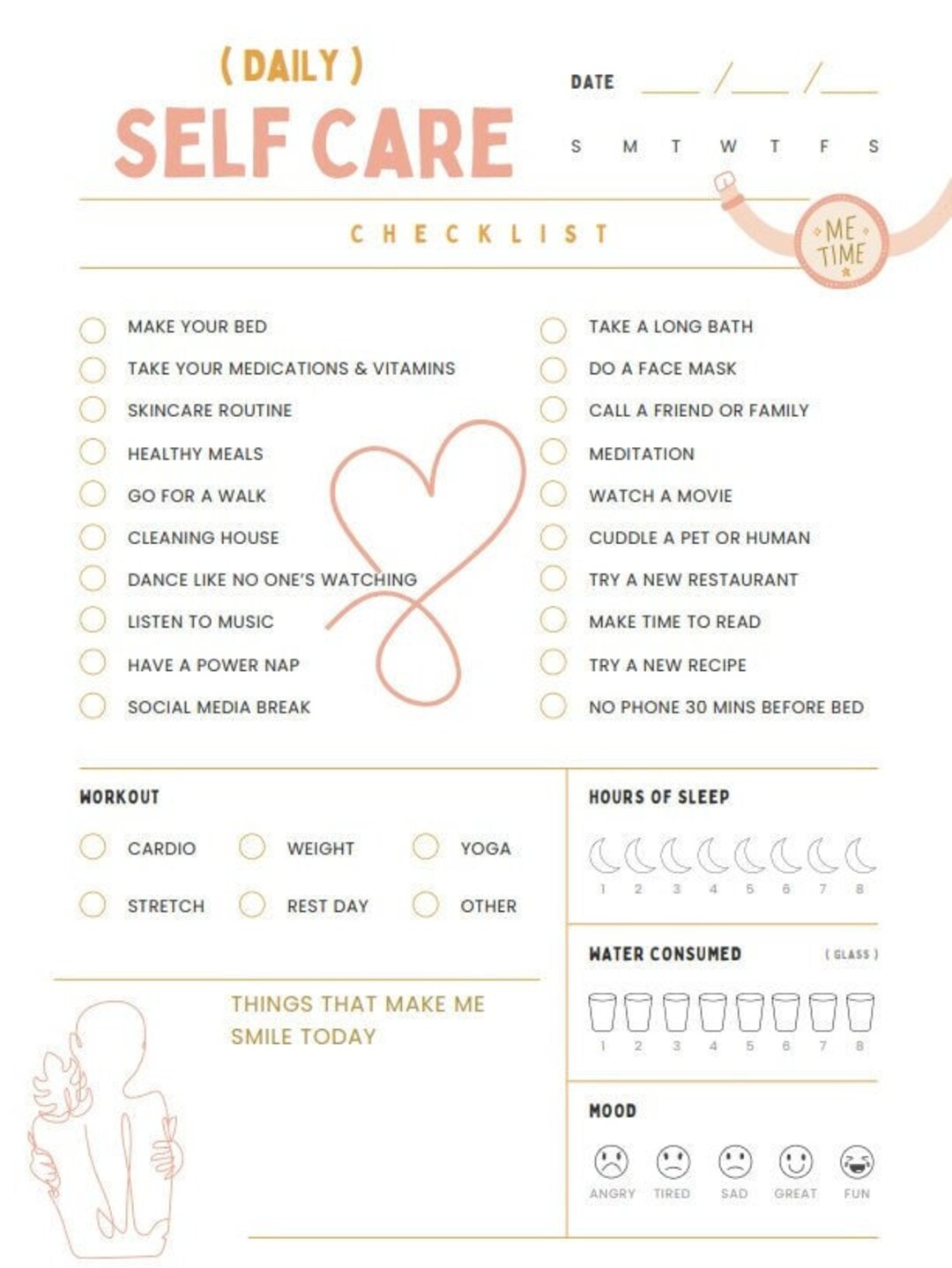 Daily Self-care Checklist Self-care Printable Checklist One-pager ...